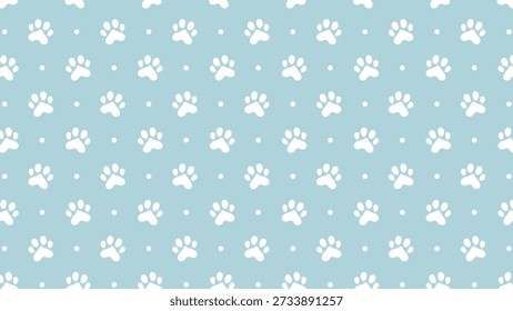 Nahtloses Muster mit weißen Pfotenabdrücken und Punkten auf hellblauem Hintergrund. Netter Tierfußabdruck, Vektorgrafik für Tiershop-Branding, Kindergarten-Tapete und Baby Boy Textil-Design