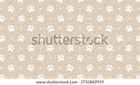 Seamless pattern with white paw prints and dots on a beige background. Cute animal footprint vector illustration for pet shop branding, wallpaper, and fabric textile design