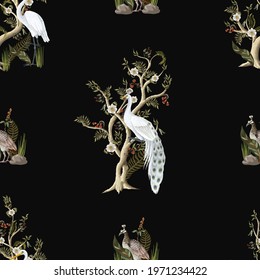 Seamless pattern with white peacocks and peonies trees in chinoiserie style. Vector