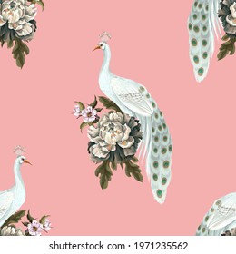 Seamless pattern with white peacocks and peonies on pink background. Vector