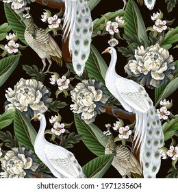 Seamless pattern with white peacocks and peonies. Vector