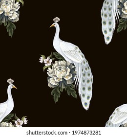 Seamless pattern with white peacocks and peonies. Vector