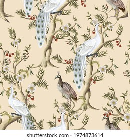 Seamless pattern with white peacocks and peonies trees in chinoiserie style. Vector