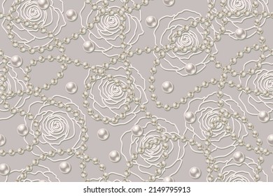 Seamless pattern with white pearl beads, strings of beige pearls, outline roses on pale background. Wavy lines, classic pale pastel color of pearls. Vector illustration