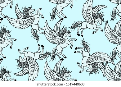 seamless pattern white pegasus with wings
