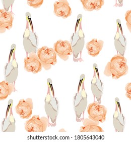 Seamless pattern with white pelican bird and yellow roses flowers. Simple design for fabric. Light pattern. White background.