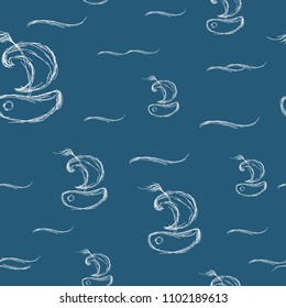 Seamless pattern with white pencil line drawing of boat wih sailon dark blue background. Summertime marine print. ocean travel sketch pattern. Flat vector illustration. 
