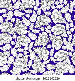 Seamless pattern with white peonies on a purple background. Suitable for fabric, packaging, napkins, shawls, scarves, beds, bags.