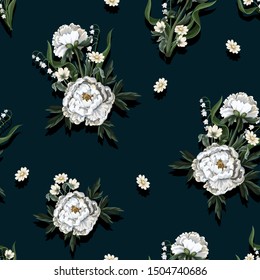 Seamless pattern with white peonies in vintage style. Vector.