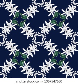 Seamless pattern  white Petrea volubilis flowers on isolated dark blue background.Vector illustration hand drawing beautiful fabric design.