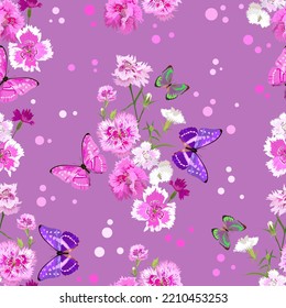 Seamless pattern with white and pink blooming carnations and butterflies on a lilac background with round decorative elements