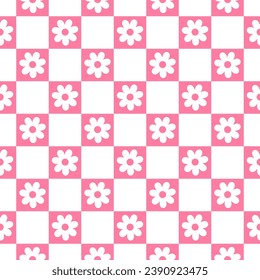Seamless pattern with white and pink checkerboard and flowers