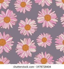 Seamless pattern of white and pink daisies with a yellow center on old lavender color background. Decorative print for wallpapers, wrappings, textiles, fashion fabrics or other printable covers.