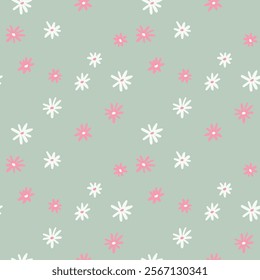 Seamless pattern of white and pink daisies on a soft green background. For fabric design, wallpapers, gift wrapping, or digital backdrops for spring and summer themes