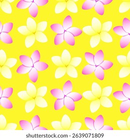 Seamless pattern of white and pink exotic plumeria flowers on a yellow background