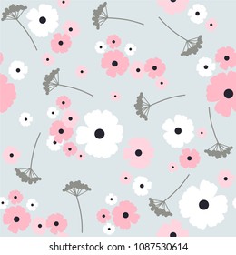 Seamless pattern. White and pink flowers and twigs. Vector delicate floral background.