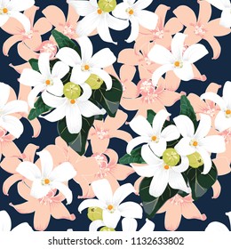 Seamless pattern white and pink flowers on dark blue backgground.Vector illustration hand drawn.For used wallpaper design,textile fabric or wrapping paper.