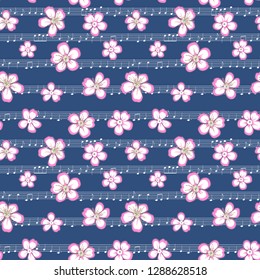 Seamless pattern with white and pink flowers, white music notes on a dark blue background. 