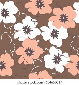 Seamless pattern with white and pink flowers on a brown background. It can be used for packing of gifts, registration of notebooks, diaries, tiles fabrics backgrounds. Vector illustration.