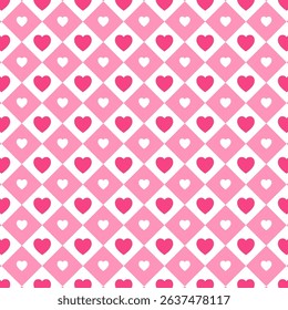 Seamless pattern with white and pink heart in square.Cute geometric repeat pattern.Vector graphic illustration background.