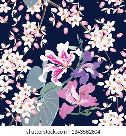 Seamless pattern white and pink Kalapapruek flowers dark blue background.Vector illustration hand drawn.