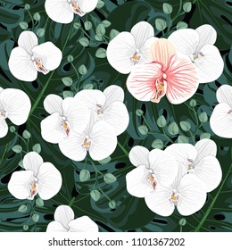 Seamless pattern white and pink Orchid flowers on green monstera leaves backgground.Vector illustration watercolor style.For used wallpaper design,textile fabric or wrapping paper.
