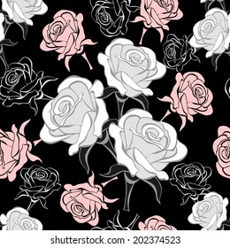 Seamless pattern with white pink roses on black background