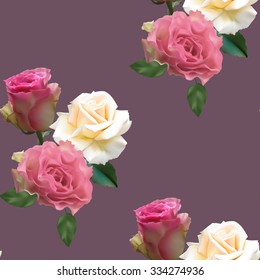 Seamless pattern with white and pink roses on a mauve background, vector illustration.