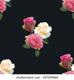 Seamless pattern with white and pink roses on a black background, vector illustration.