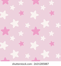 Seamless pattern with white and pink stars. Good night children's, scandinavian nursery illustration in soft pastel pink color.
