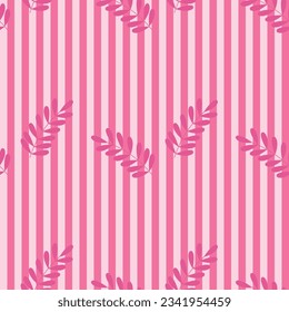 Seamless Pattern White Pink Stripes with Leaves