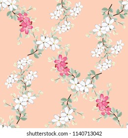 padrão sem costura flores silvestres brancas e rosa no fundo cor pastel rosa. Ilustração vetorial desenhado à mão.Para design de papel de parede usado, tecido têxtil ou papel de embrulho.