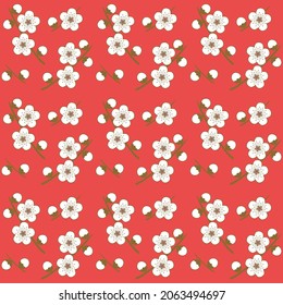 Seamless pattern of white plum branches on red background