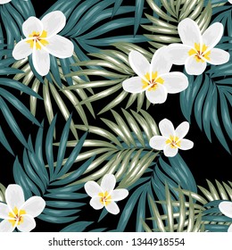 Seamless pattern with white plumeria frangipani flowers and palm leaves. Tropical exotic plant repeat pattern with beautiful flower and leaf. Great for textile, fabric, wallpaper, wrapping, surface.