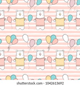 Seamless pattern with white polar bear and doodle party balloons. Striped background. Cute bear in pullover with hearts. Ideal for textile, baby clothes