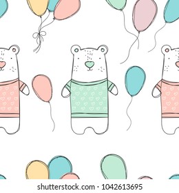 Seamless pattern with white polar bear and doodle party balloons. Cute bear in pullover with hearts. Ideal for textile, baby clothes