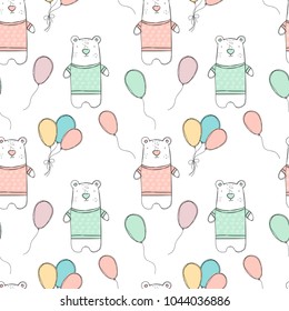 Seamless pattern with white polar bear and doodle party balloons. Cute bear in pullover with hearts. Ideal for textile, baby clothes