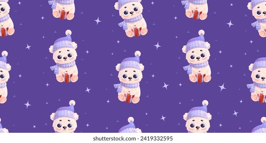 Seamless pattern with white polar bear with gift on purple background. Vector illustration in cartoon style. Kids collection