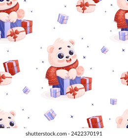 Seamless pattern with white polar bear with gift boxes on white background. Vector illustration in cartoon style. Kids collection