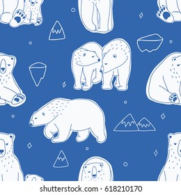 Seamless pattern with white polar bears. Hand drawn, doodle vector background.