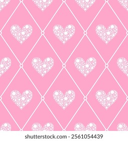 Seamless pattern with white  polka dots hearts  on  pink background.