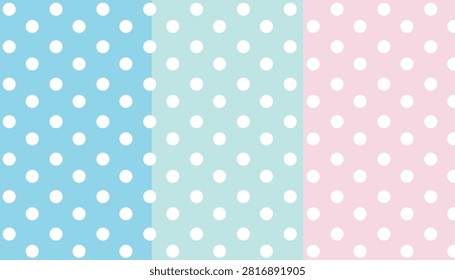 a seamless pattern of white polka dots over pastel blue, green, and pink backgrounds.