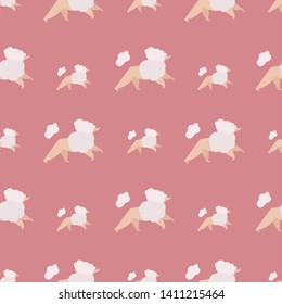 Seamless pattern with white poodles on colorful background. Vector. Perfect for kids apparel,fabric, textile, nursery decoration,wrapping paper, cards, invitations, party, banners, baby shower. 10EPS