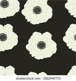 Seamless pattern of white poppies on a black background
