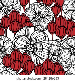 Seamless pattern with white poppy flowers and red poppy boxes.