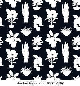 Seamless pattern with white potted tropical house plants silhouettes. On a black background. Vector illustration.