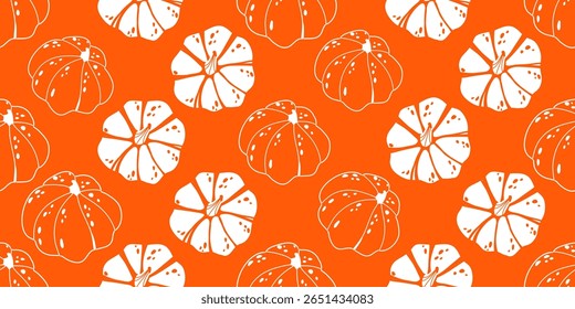 Seamless pattern with white pumpkin silhouettes in line art style on bright orange background. For autumn-themed designs, fabric prints, wrapping paper, kitchen textiles, packaging, and scrapbooking.