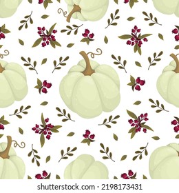 Seamless pattern with white pumpkins, rose hips and autumn leaves.Vector background.
