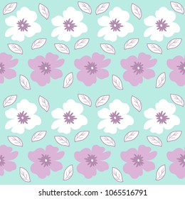 Seamless pattern with white and purple flowers on a turquoise background. It can be used for packing of gifts, registration of notebooks, diaries, tiles fabrics backgrounds. Vector image