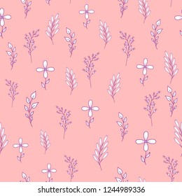 Seamless pattern with white and purple flowers and branches on a pink background.Pastel print for fabric,wrapping paper,greeting cards,wedding invitations,wallpaper,mugs,background for your design